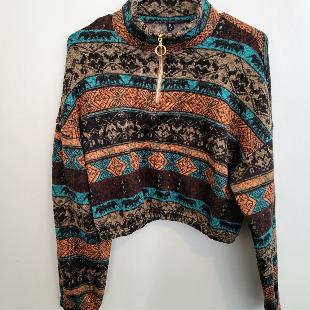 Half Zip Ethnic Graphic Faux Shearling Sweatshirt - Multi M